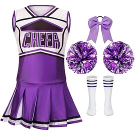 Children's Classic PURPLE Cheerleading Uniform - 5-Piece Set with Pom Poms, Top, Skirt, Socks, and Headband
