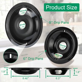 Purelux Electric Range Drip Pans Replacement Compatible with GE or Hotpoint Stove, Porcelain Enameled Black Finish 4 Pieces Pack Includes 1 Large 8-Inch and 3 Small 6-Inch