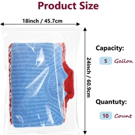 Large Plastic Bags With Zipper Top,5 Gallon,18" x 24",10 Pack,Extra Large Storage Packaging for Clothes,Travel, Moving, Large Reusable Bags,Heavy-Duty,BPA-Free, 2.36-mil Thick Clear