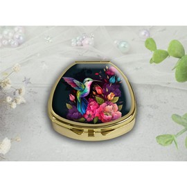 Gixpop Pill Box Cute Hummingbird Beautiful Flowers Pill Case Pocket Purse Portable Travel Tablet Holder Organizer Glass Cover Decorative Fan Shap