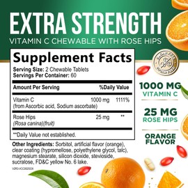 Vitamin C Chewable 1000mg - Extra Strength Antioxidants for Powerful Immune Support w/Vitamin C & Rose HIPS - Potent Dietary VIT C Chews Supplement, Natural Orange Flavor, Vegan, Non-GMO - 120 Tablets