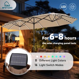 MFSTUDIO 13ft Double-Sided Patio Umbrella w/Solar Lights, Outdoor Table Rectangular Umbrellas w/ 120 LED Lights, Hand Crank for Backyard Pool, Beige