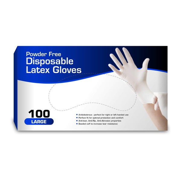 New Disposable Latex Gloves, Powder Free (100 Gloves Per Box) (Large)