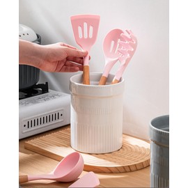 VAGREEZ Ceramic Utensil Holder for Kitchen Counter - 6.9" Stable Utensil Crock - Farmhouse Utensil Organizer and Morden Cooking Tools Organizer for Kitchen Decor, White