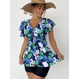 ECUPPER Womens Tankini Swim Dress with Sleeves Modest Two Piece Swimsuits Tummy Control Bathing Suit Floral Printed Swim Tops and Shorts Green XL