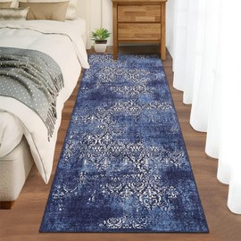 ROYHOME Washable Runner Rug 2x6 Boho Distressed Floor Cover Non-Slip Hallway Runner Stain Resistant Kitchen Mat Paisley Indoor Low-Pile Entryway Carpet Rug for Living Room Bedroom Nursery, Blue