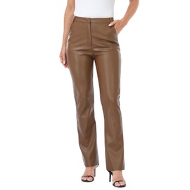 HDE Women's Faux Leather Pants High Waisted Straight Leg Trousers with Pockets Brown - M