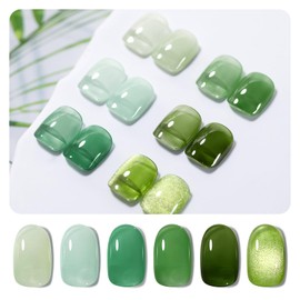 RARJSM Green Jelly Glass Gel Nail Polish Set 6pcs Clear Crytal Army Green Dark Green Jade Green Sage Green Transparent Sheer Amber Series Milky Diamond Cat Eye Gel Varnish LED UV Curing Requires