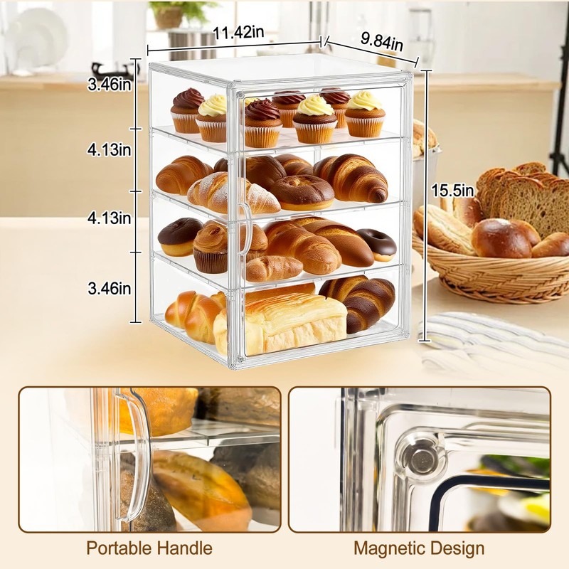 FQDGTFA Pastry Display Case 4 Layers Large Adjustable Bread Box