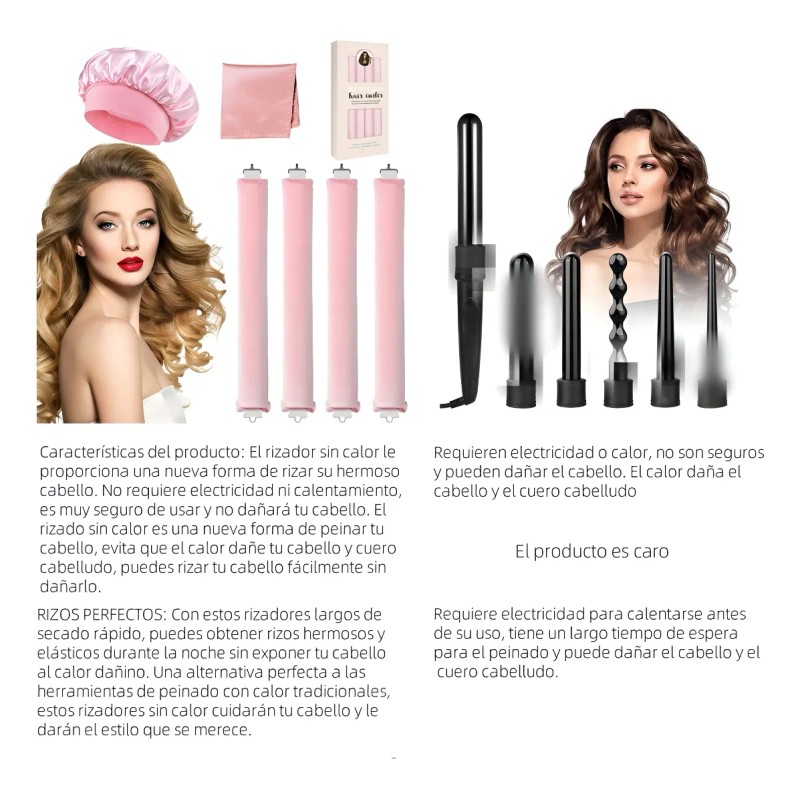 6pzs Curly Ondas En Cabello Rizos Sin Calor Tubo+gorro Satin