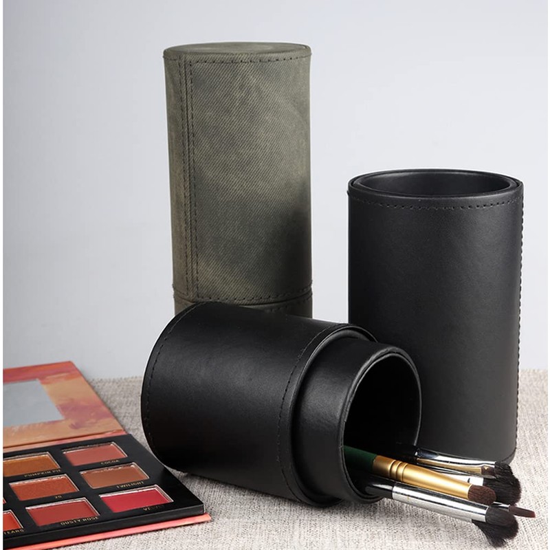 Black PU Leather Makeup Brush Case Holder with Lock Lid
