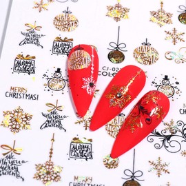 Gold Christmas Nail Art Stickers Decals, Holographic White Snowflake Nail Adhesive Sticker, Xmas Tree Snowflake Snowman Elk Santa Claus Nail Art Decal for Women Girls Manicure Holiday Decorations