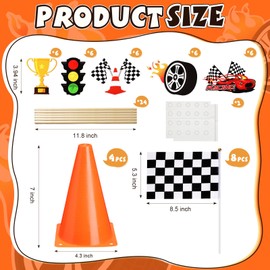 Simgoing 4 Sets 44 Pcs Race Car Theme Party Decorations - 4 Traffic Cones with Hole on Top, 8 Checkered Flags, 24 Race Car Centerpieces Card Sticks for Birthday Themed Party Supplies