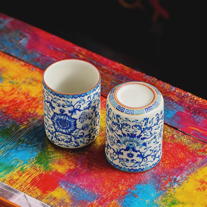 CmengAo Blue and White Floral Porcelain Tea Cups Set of