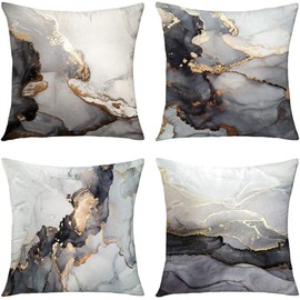 Geliking Sofa Cushion Covers 18x18 Inches Polyester Throw Pillow Case Marble Texture Black and Gold Silver Cushion Covers Replacement for Home Decor, 45cm x 45cm, Set of 4 (grey)