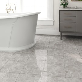 40-Pack Peel and Stick Floor Tiles Vinyl Floor 12 x 12 inch Self Adhesive Waterproof Flooring Planks DIY for Bathroom, Kitchen, Living Room, RV, Cover 40 Sq. Ft, Polish Light Grey Marble