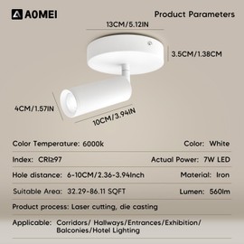 AOMEI Full - Spectrum LED Spot Light Fixtures, 7W 6000K Modern Rotatable 360° Ceiling Spotlight, White，Ceiling Spot Lights Indoor, Ideal for Corridor, Bedside, TV Wall & Staircase