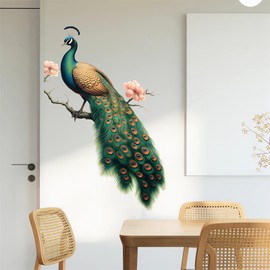 Green Peacock Peach Blossom Painted Wall Stickers, sacinora Beautiful Art Wall Decals Removable Vinyl Peel and Stick for Living Room Bedroom Door Backgrounds Home Decorations
