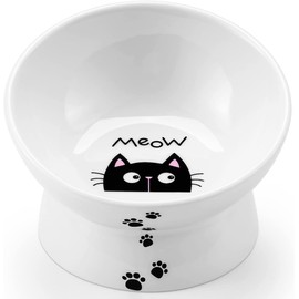 Yedio Porcelain Raised Cat Bowl, Tilted Cat Food Bowl with Anti Slip Band, Stress Free, Elevated Porcelain Pet Bowl Protect Pet's Spine, Backflow Prevention, Dishwasher Safe, White