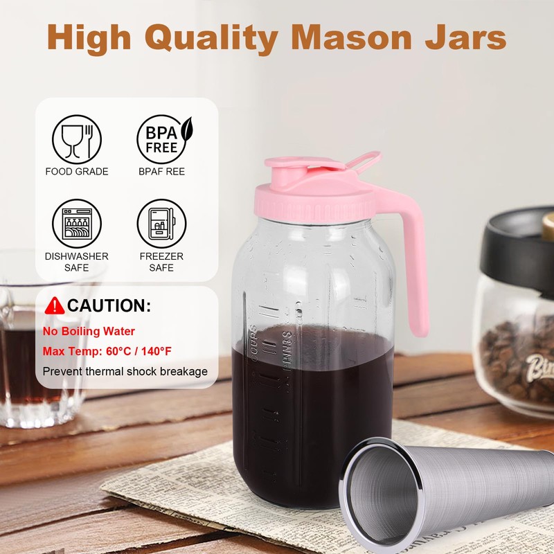 Cold Brew Coffee Maker，64 oz Wide Mouth Mason Jar Pitcher