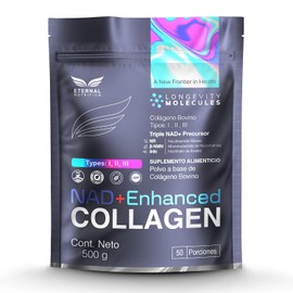 ETERNAL NUTRITION Péptidos de Colágeno Hidrolizado Bovino + NAD+ (500 g) | Colágeno Hidrolizado Tipos I, II y III con Precursores NAD+, NR y NMN · 50 Porciones de 10 g · Piel, Uñas y Cabello