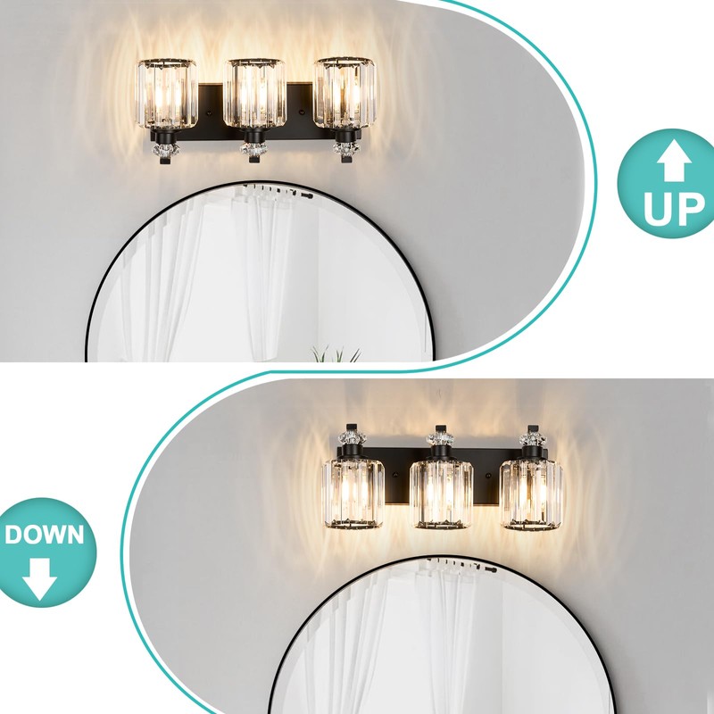 ALAISLYC Black Bathroom Light Fixtures with K9 Crystal Lampshade Bathroom