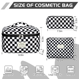 TESAFNG Quilted Makeup Bag Set - 3 PCS Cute Floral Cotton Makeup Bag, Large Coquette Aesthetic Make up Cosmetic Bag, Flower Travel Toiletry Organizer Bags for Women Girls (Checkered Black)