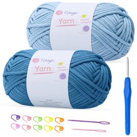 100gx2 Chunky Cotton Crochet Yarn with 4mm Hook, Soft Non-Split Thick Yarn for Amigurumi DIY Gifts, Home Decor, Beginner Projects (Light Blue +Blue)