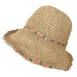 Cosiesnest Straw Hat Women's Sun Hat Breathable Summer Hat Women's Straw Hat Summer with Embroidered Flower Sun Hats Foldable Suitable for Hiking Camping Tourism, beige