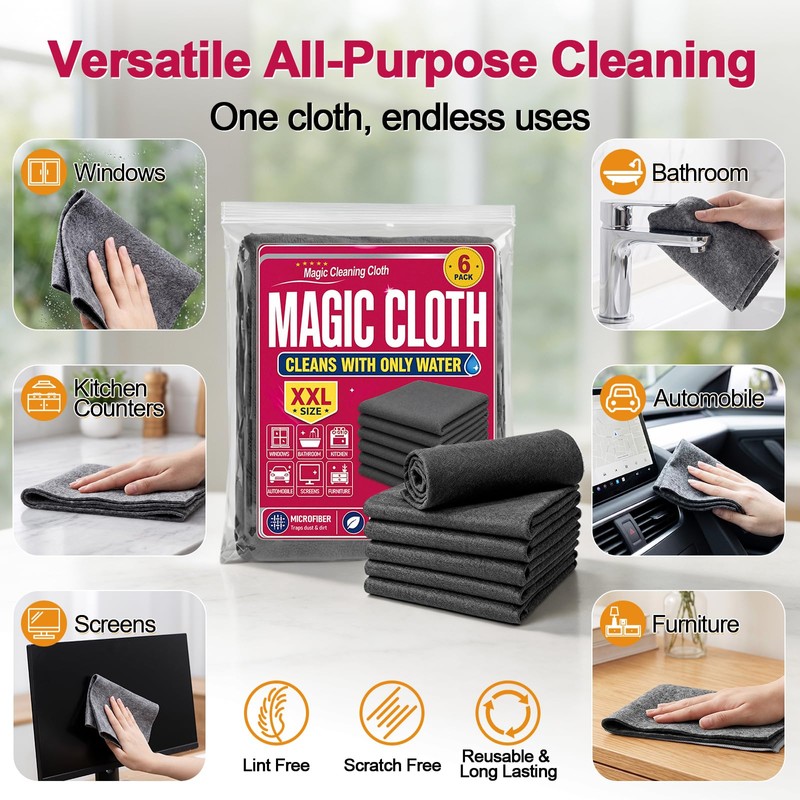 Magic Cleaning Cloth 6 Pack, 12 x 8 Inch Microfiber
