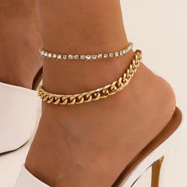 Clataly Cuban Anklet Bracelets Double Layer Crystal Anklets Beach Foot Jewelry for Women (Gold)