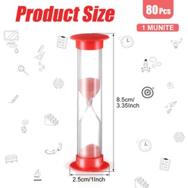 Queekay Set of 80 1 Minute Sand Timer Small Hourglass for Classroom One Minute Sandglass Clock Red Acrylic Hourglass Game Timer for Kids Preschool Teacher Supplies, 3.35 x 0.98 x 0.98 Inches