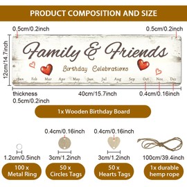arricraft 1 Pc Wooden Family and Friends Birthday Reminder Calendar Plaque, Red Hearts Celebrations Calendar Wall Hanging with 100 Tags Christmas Gifts for Father Mother 4.7x15.7inch(12x40cm)
