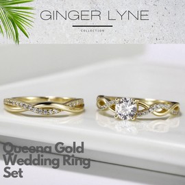 Queena CZ Wedding Ring Set for Women 14k Gold over Sterling Silver Engagement Ring and Band Set Fake Engagement Rings for Women, Travel Wedding Ring Set, Cubic Zirconia Promise Rings for Her Size 7