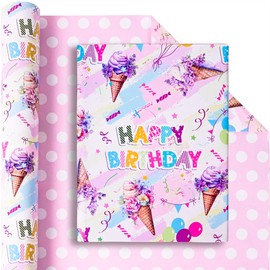 Altarho Reversible Ice Cream Wrapping Paper Roll for Kids Girls Women - 17 Inch x 20 Feet - Pink Summer Happy Birthday and Polka Dot Design Gift Wrap for Baby Shower Party Total 28.5sq.ft