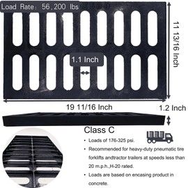 MASSLUNT Cast Iron Drain Grate 20x12 in, C-Class 56200 lbs Heavy-Duty Driveway Channel Cover, Outdoor Trench Drainage Grate, Black Rectangle Metal Sewer Cover for Garage (True 19.7x11.8)