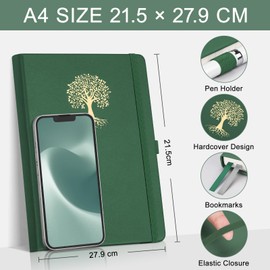 EMSHOI A4 Notebook Lined - 100 GSM Hardcover Leather Journal with Sticky Notes, 192 Pages College Ruled Notebook for Women Men Work School Writing Journaling, 21.5 X 29.7 cm - Dark Green