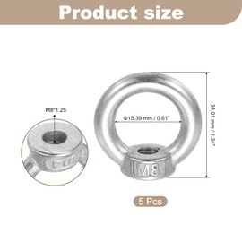 MECCANIXITY M8 Lifting Eye Nut, 304 Stainless Steel Ring Shape Female Thread Nuts Fastener for Engineering Port Marine Fixing Silver, Pack of 5