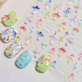 1 Sheet Mushroom Nail Stickers Cute Mushroom Nail Decals for Nail Art Colorful 3D Self-Adhesive Nail Decals for Women DIY Spring Cute Manicure Decoration Supplies Acrylic Nails Accessories