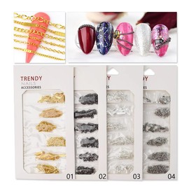 XEAOHESY 4 Packs of 24 Pieces Gold Silver Black Metal Nail Chains for Nail Art Alloy Punk Nail Art Chains Gold Silver Nail Charms 3D Nails Supply Nail Art Chains for Women Nail Art