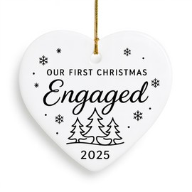 Our First Christmas Engaged 2025 Ornament, Engagement Keepsake Gift, 3 * 2.8" Heart-Shaped First Christmas Engaged Ceramic Gift with Giftbox