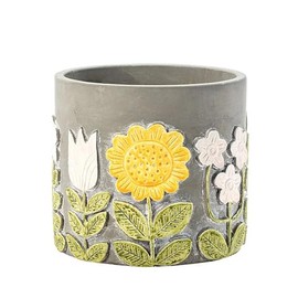Napco Sunflower Daisy Tulip Floral 5.75 x 6 x 6 inches Natural Grey Concrete Stone Flower Succulent Plant Pot Planter Container Holder, Indoor Outdoor Garden Décor, 14653