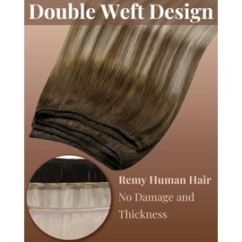 Hetto Sew in Hair Extensions Real Human Hair Brown Root Ombre to Light Brown with Medium Blonde Weft Hair Extensions Remy 20 Inch 100g/Pack #3/8/22