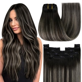 YoungSee 150G Clip in Human Hair Extensions Ombre Clip in Extensions with Lace Clip on Hair Extensions Human Hair Black and Silver with Black Roots Remy Human Hair Extensions Clip ins 20Inch 7Pcs