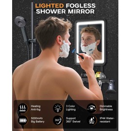 Shower Mirror Fogless for Shaving 7x9in Heated Anti Fog Mirror 3 Color Dimmable Lighted Mirror Rechargeable with Storage Tray Razor Holders 360° Rotatable Black Fog Free Bathroom Mirror for Men