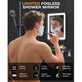 Shower Mirror Fogless for Shaving 7x9in Heated Anti Fog Mirror 3 Color Dimmable Lighted Mirror Rechargeable with Storage Tray Razor Holders 360° Rotatable Black Fog Free Bathroom Mirror for Men