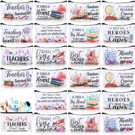 SilTriangle 24 Pieces Makeup Bags Bulk Canvas Cosmetic Bags Purse Organizer Zipper Cosmetic Pouch Portable Travel Toiletry Pouch for Women Men Gifts, 7 x 4 Inch (Teacher Thanks)