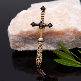 Designfy Gothic Earrings for Women Men, Retro Carving Sword Earrings with Black Cubic Zirconia, Dagger Earrings (Gold)