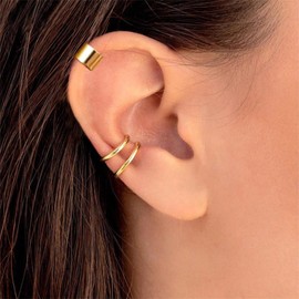 DAILI Gold Cuff Earrings for Women, Trendy Cute Ear Cuff Set Non Piercing Fake Helix Cartilage Huggie Cross Cuff Earrings, 14K Gold Plated Hypoallergenic Simple Double Lines Ear Cuff Earrings