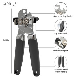 Safring Can Opener Manual with Magnet, Stainless Steel Handheld Heavy Duty Can Opener, Sharp Blade Smooth Edge, Comfortable Handle, Can Openers with Multifunctional Bottle Opener, Gray